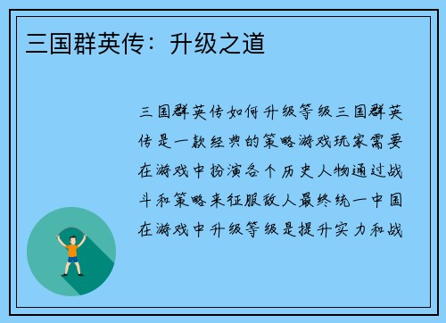 三国群英传：升级之道